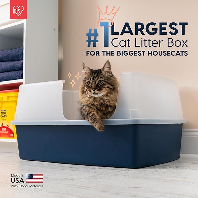 IRIS USA Extra Large Litter Box, Open Top Extra-Large Litter Box for Big Cats and Multi-Cat Households, High Sided Scatter Shield, Easy to Clean, 30" L x 20" W x 14" H, Navy