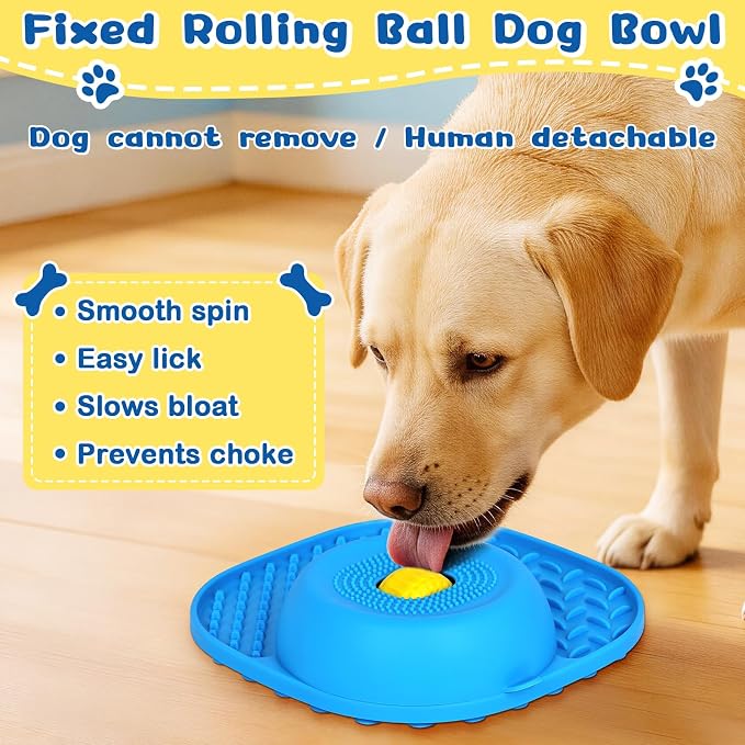 Dog Licking Bowl with Rolling Ball - 2-in-1 Anti-Slip Slow Feeder Dog Bowls w/Lick Mat for Liquid and Thick Treat, 150ml Licking Bowl for Anxiety Relief, Fits Small Medium Large Dogs & Cats Blue 1Pcs