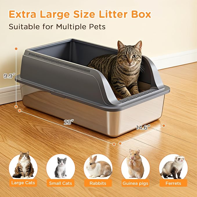 Aphyxen 2Pack XL Stainless Steel Litter Box with High Sides Shield for Multi Cats, 23 "L x 14.61 "W x 9.9 "H Open Top Cat Box for Big Cats, Anti-Leak Non-Stick Odor Control, 2 Scoops, Dark Grey