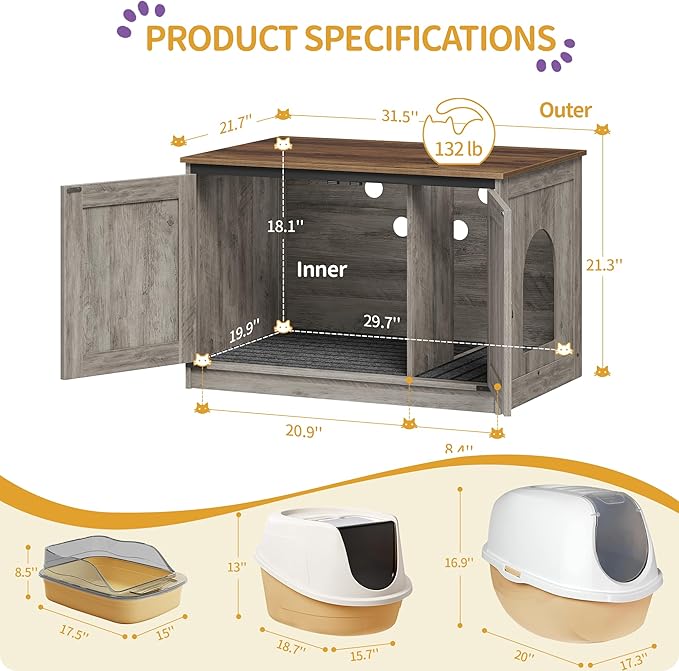 Hzuaneri Cat Litter Box Enclosure with Cushion, Hidden Litter Box Furniture with Removable Dividers, Reversible Entrance Left or Right Side, Cat House, Greige CB84605X