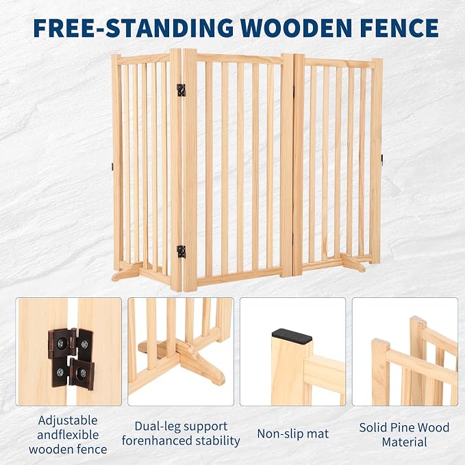 Wooden Freestanding Dog Gate, Foldable Pet Gate with Support Feet, Indoor Dog Fence for The House,Doorways, Stairs，Expandable Pet Fence -3 Panel H:36”