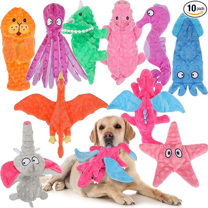 Sratte 10 Pcs Soft Dog Squeaky Toys No Stuffing Crinkle Dog Toy for Aggressive Chewers Durable Plush Teething Puppy Squeak Animals Chew for Small Medium Large Pets, 10 Styles(Assorted Style)