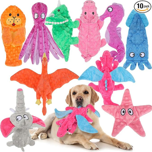 Sratte 10 Pcs Soft Dog Squeaky Toys No Stuffing Crinkle Dog Toy for Aggressive Chewers Durable Plush Teething Puppy Squeak Animals Chew for Small Medium Large Pets, 10 Styles(Assorted Style)