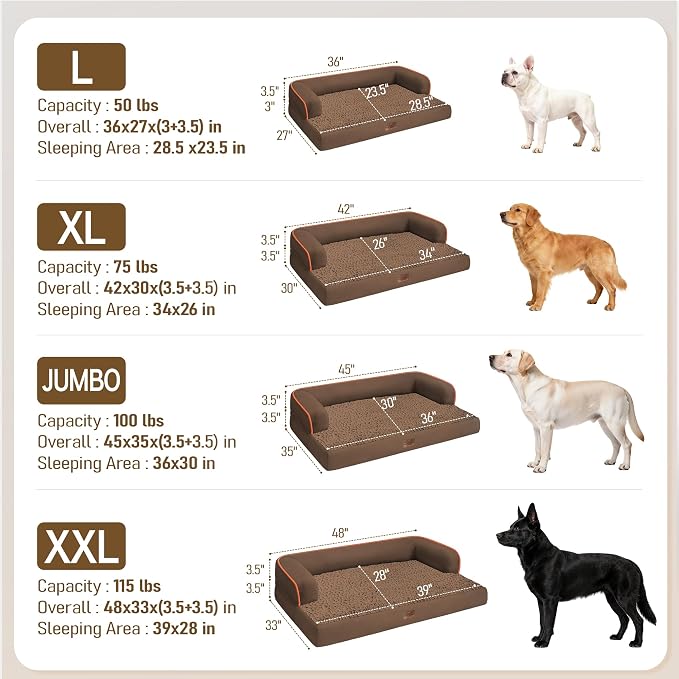 Comfort Expression Extra Large Dog Bed - Waterproof Orthopedic Dog Beds with Washable Jumbo Bed for Big Dogs, Removable Non-Slip Pet Couch Bolster Cover, 45x35