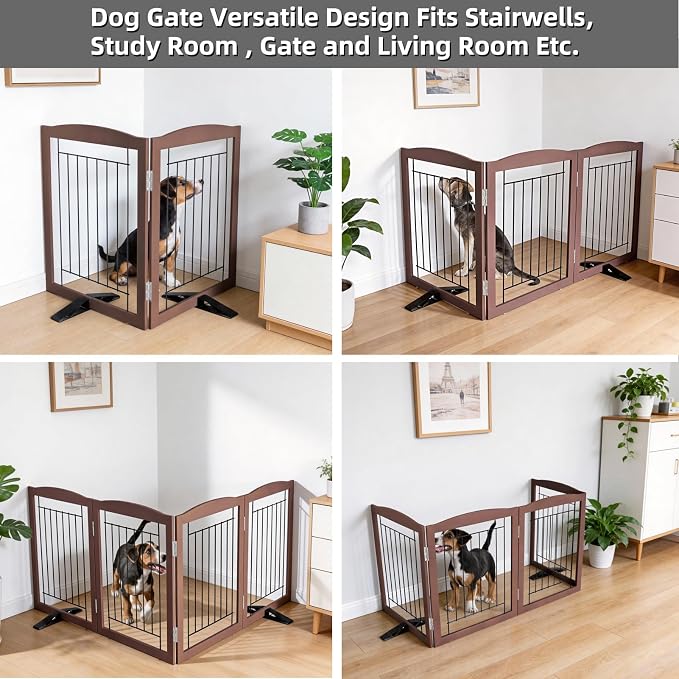 ZJSF Freestanding Dog Fence Indoor, Foldable Dog Gate for Doorways, Stairs or Hallways, Sturdy Wood Extra Wide Pet Gate with Support Feet for The House, Brown, 24 "Height-2 Panels