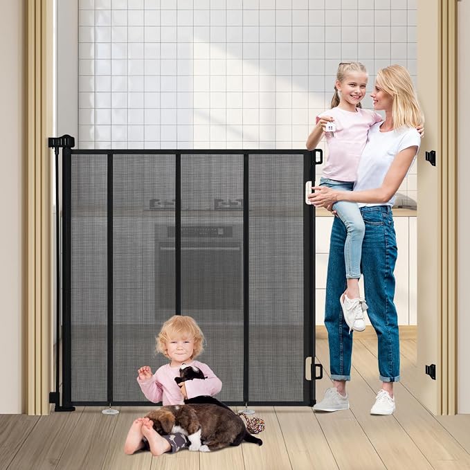 47" Extra Tall Retractable Baby Gates, Extends to 59" Wide, ExtraTall Retractable Safety Gate with Reinforced Strips, Retractable Tall Dog Gates for Doorways Mesh Baby Pet Gates Indoor, Black