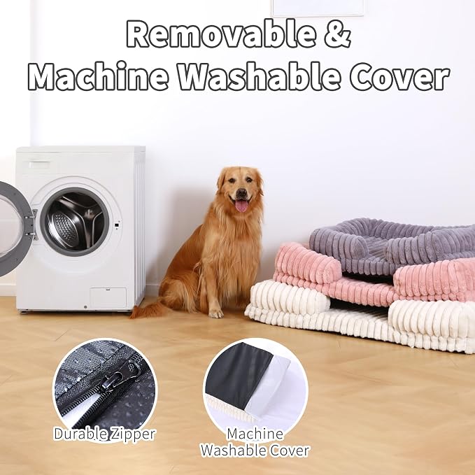 Orthopedic Dog Bed for Large Dogs 42x27x3 Inches Soft Striped Faux Rabbit Fur with Removable Washable Cover & Waterproof Lining, Egg Crate Foam, Gray