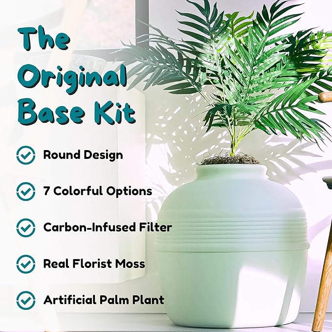 Good Pet Stuff Original Hidden Litter Box Planter, Decorative Cat Litter Enclosure, Carbon Filter, Faux Plant, Round Design, Easy to Clean, Base Kit, Palm Plant, Mint Green