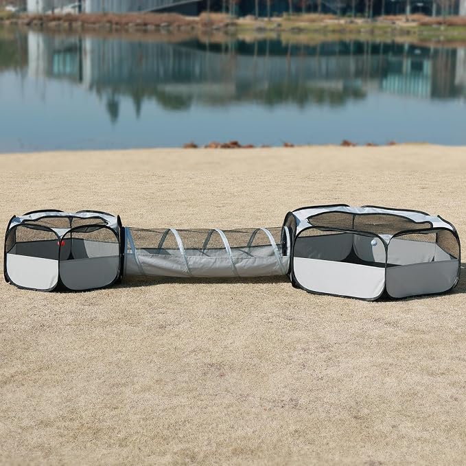 Outdoor Cat Enclosure，Cat Tunnels for Indoor and Outdoor Playpen Portable Cats with Cube Tent Toys Combo for Kitten, Puppy, Rabbit and Small Animals(One Small and One Large Hexagonal Cube +Tunnel