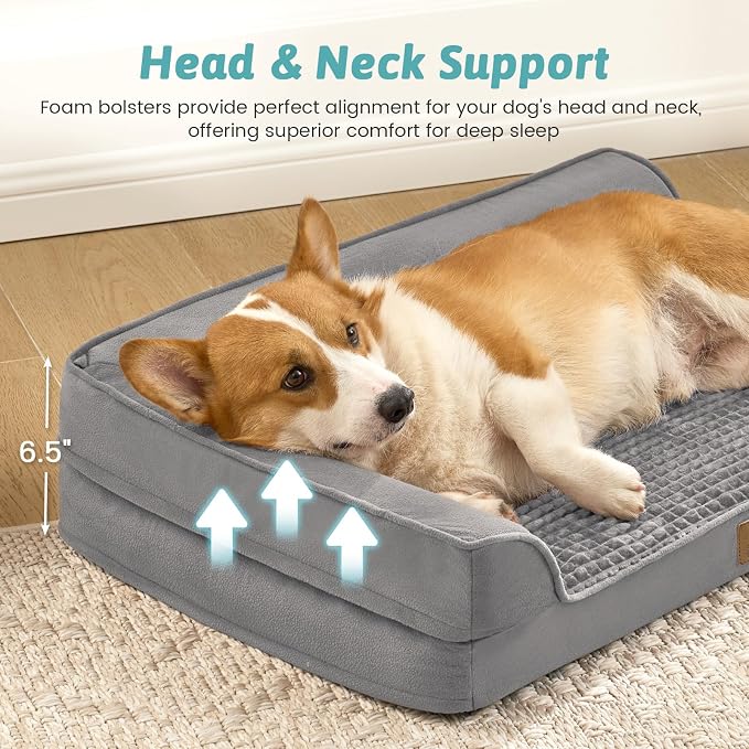 COZY KISS Orthopedic Dog Bed for Medium Small Size Dog, Dogs Crate Bed, L Shaped Foam Anti-Slip Bottom Pet Cat Sofa with Washable Removable Cover, Suitable for Pet Up to 40 lbs, 30x20x6.5 inch, Grey