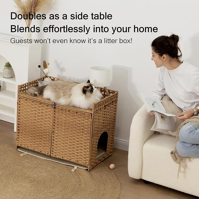 Furriends Cat Litter Box Enclosure with 2 Mats, Handwoven Rattan Hidden Litter Box Furniture Large 30.3”L x 18.2”W x 24.2”H, Double as Indoor Cat House or Side Table for Living Room Hallway, Tan