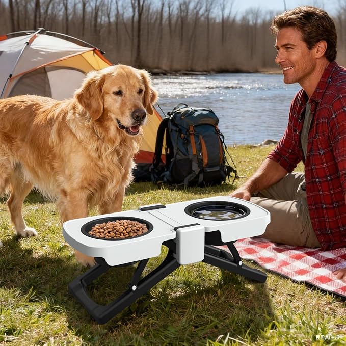 Elevated Dog Bowls Stand, Portable Travel Dog Bowls with Collapsible Silicone Double Diner Bowl, 5 Cups Capacity Food and Water Bowl with No Spill Edge Non-Slip Stand,Ideal for Medium & Large Dogs
