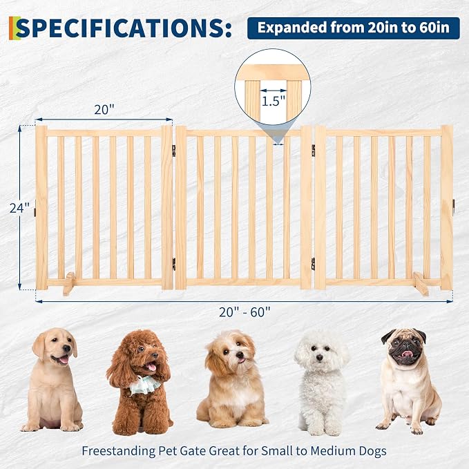 Wooden Freestanding Dog Gate, Foldable Pet Gate with Support Feet, Indoor Dog Fence for The House,Doorways, Stairs，Expandable Pet Fence -3 Panel H:24”