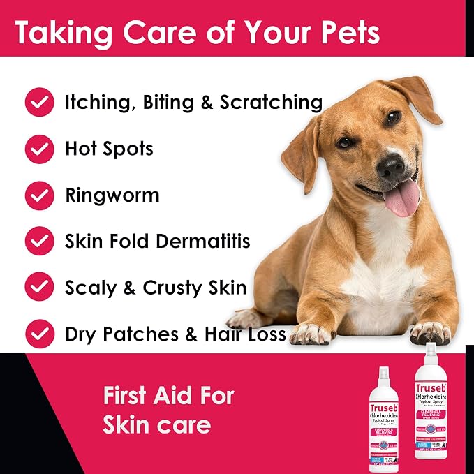 Truseb Advanced Strength Medicated Chlorhexidine for Dogs Cats Horses Skin Spray with Aloe Vera - Medicated Ketoconazole Spray for Skin Irritation, Hot Spots, Redne (Medicated Ketoconazole Spray, 8oz)