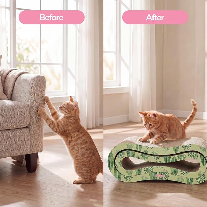 Suvi 26" Modern Cardboard Infinity 2-in-1 Lounge Bed Cat Scratcher with Catnip, Green Leaf, Corrugated Scratching Surface and Tunnel for Indoor Cats CSR1014I