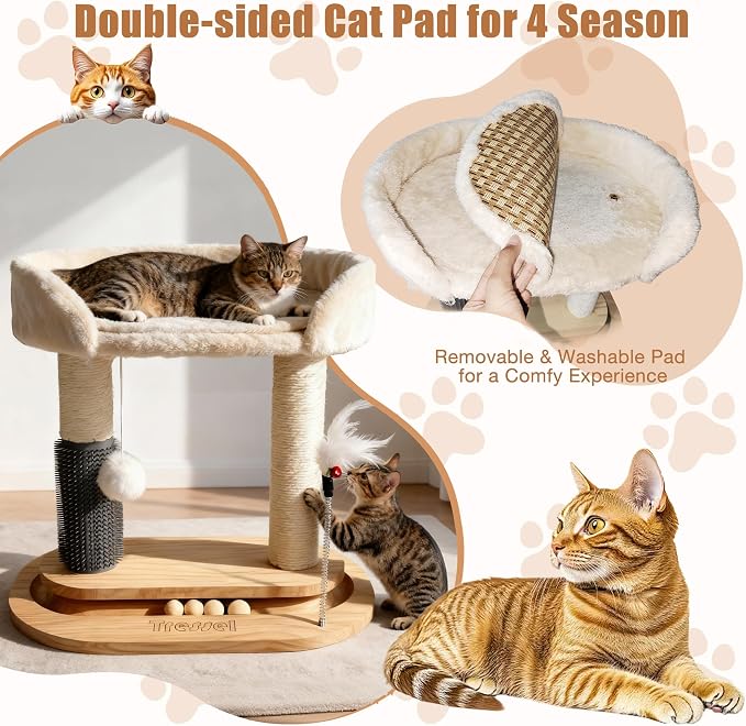 Small Wooden Cat Tree for Kittens and Small Cats, 6-in-1 Cat Tower for Indoor Cats with Bed, Sisal Scratching Post, Self-Grooming Brush, Ball Track, Plush Ball and Feather Toy, 16.5" H