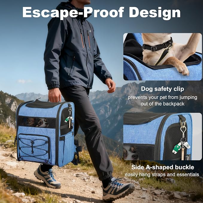 Dog Carrier Backpack for Small Dogs - Breathable Mesh Hiking Bag with Safety Buckle, Adjustable Straps and Standard Pad - Durable for Hiking (Fits Small Cats Too, Up to 17lbs, Blue)