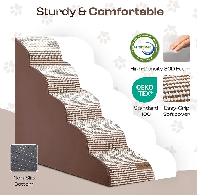 Curved Dog Stairs for High Bed Up to 26", 5-Step Dog Ramp for Small Dogs with Washable Cover, Non-Slip Steps for Cats to Get on Couch and Sofa, Durable Foam Ladder for Medium Breeds, White Coffee