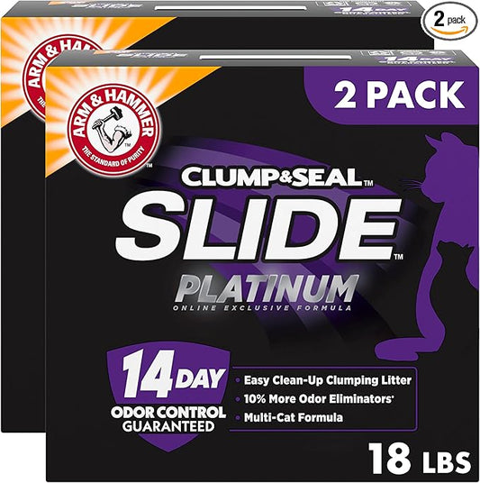 ARM & HAMMER Clump & Seal Slide Platinum Multi-Cat Clumping Cat Litter, Easy Clean Technology with No Scrubbing, 14-Day Odor Control, 18 lbs (Pack of 2)