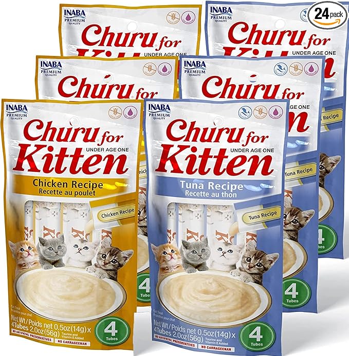 INABA Churu for Kittens, Grain-Free Creamy, Purée Lickable Cat Treats with DHA, EPA, Vitamin E & Taurine, 0.5 Ounces Each, 24 Tubes (4 per Pack), 2 Flavor Variety Pack