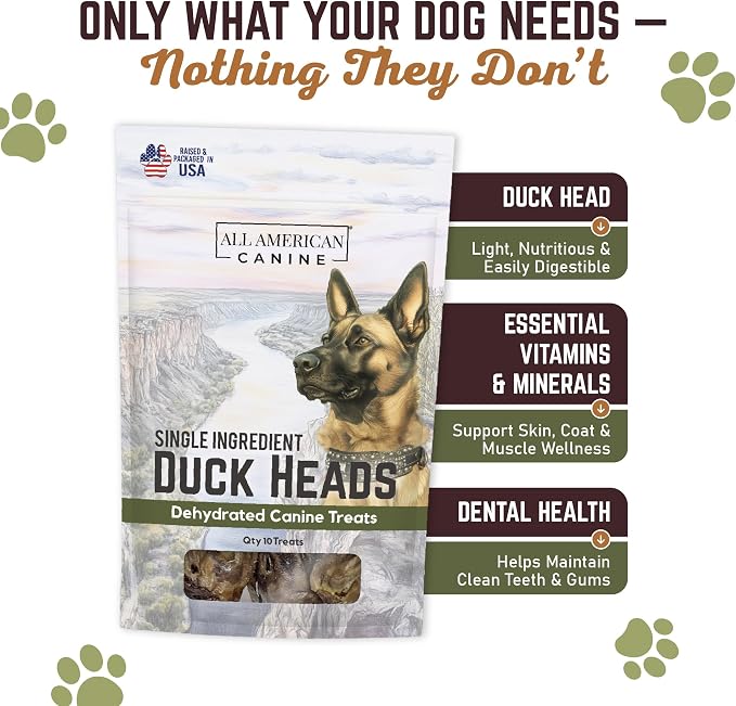All American Canine 5 Natural Duck Head Dog Treats – Single Ingredient, Dehydrated & Digestible – Low-Fat, High-Protein Chew for Training & Dental Health – Made in USA