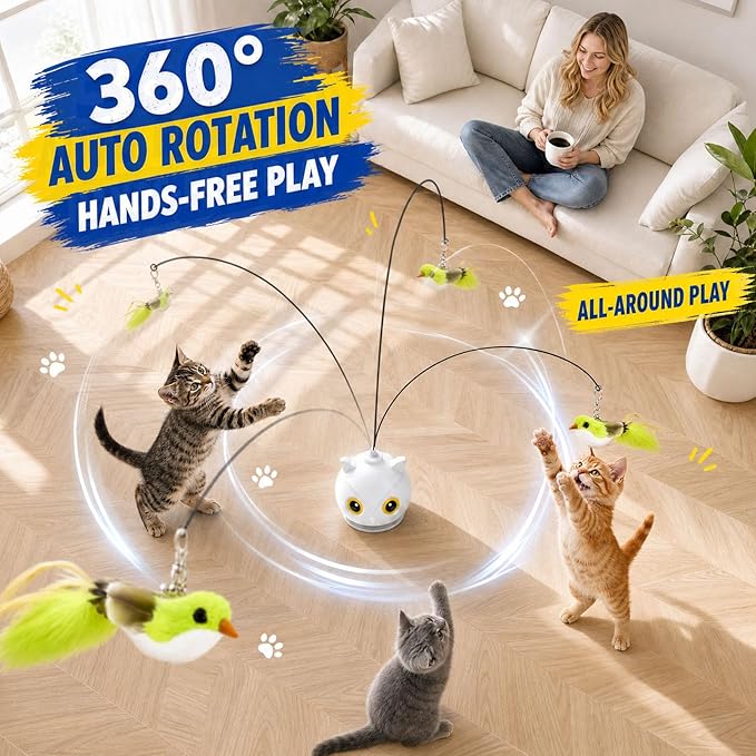 Interactive Cat Toys for Indoor Cats - Automatic Flying Bird Feather Toy with Sticky Suction Base, USB Rechargeable 360° Electric Cat Teaser, Touch Activated Self-Play Toy for Bored Cats