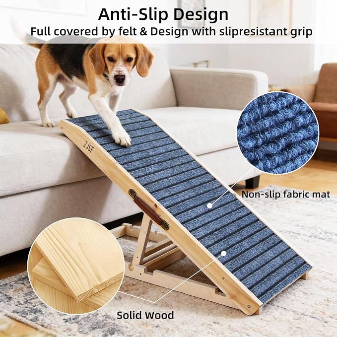 ZJSF Foldable Wooden Dog Ramp for High Bed, Dog Stairs for Small Dogs, High Traction Platform with 5 Adjustable Heights (14"-28"), 47", Supports up to 200 lbs