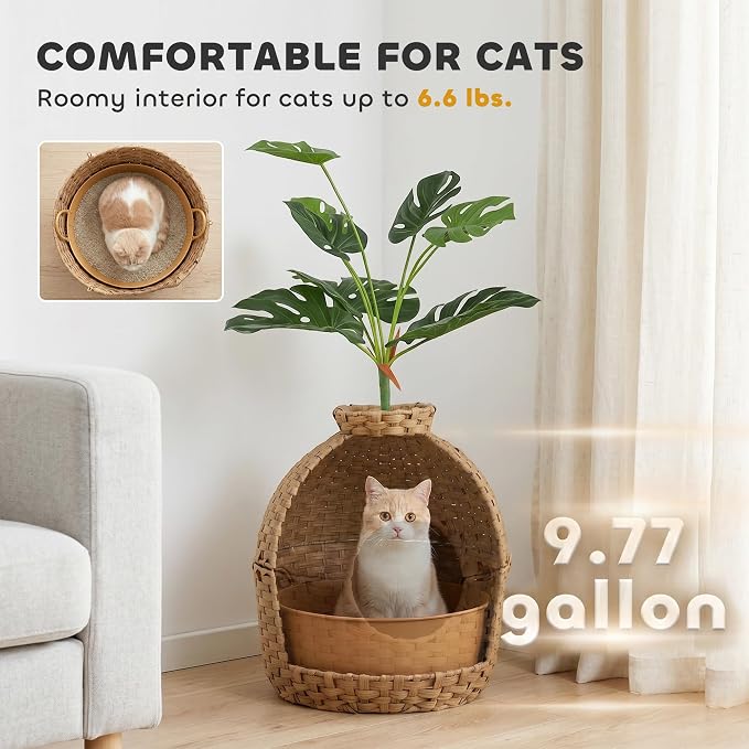 PawHut Hidden Cat Litter Box Plant Furniture Enclosure with Faux Plant & Stainless Steel Tray, Decorative Rattan Planter Cat Bed, Real Stones, for Bedroom, Living Room, Corner