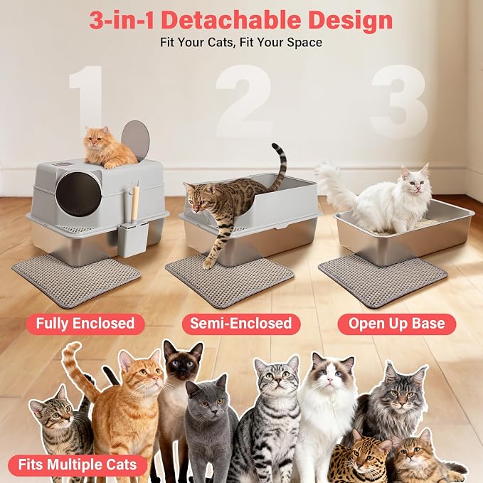 Stainless Steel Litter Box with Lid, XL Extra Large Cat Litter Box for Big Cats, Front & Top Entry Metal Cat Box with Scoop and Mat, Odor-Free, Anti-Urine Leakage, Non-Sticky, Easy Cleaning