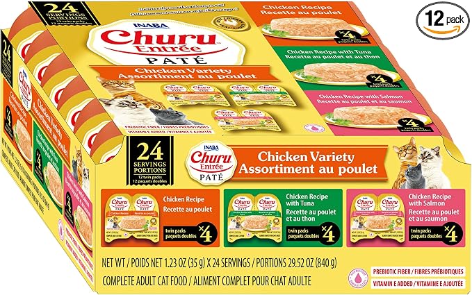 INABA Churu Entrée Pate for Cats, High Protein & Moisture, Prebiotic Wet Cat Food, 1.23oz. per Serving, 24 Servings, Chicken Variety