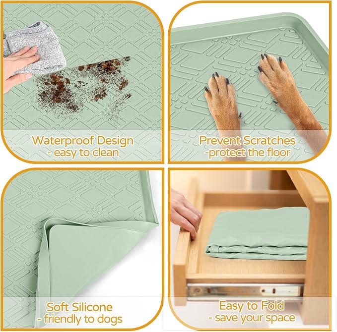Dog Food Mat, 42" x29" Large Silicone Mat Dog Feeding Mat with Raised Edge Non-Slip Pet Feeding Mat for Food and Water Bowl, Easy to Clean, Floor Protection (Light Green)