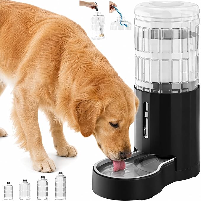 CZPET Dog Water Bowl Dispenser 9.5L, Wider Mouth & Upgraded Brush, Easy Cleaning Automatic Cat Gravity Refilling Waterer with Removable Stainless Steel Bowl, Large Drinking Area for Multi-Pet (Black)