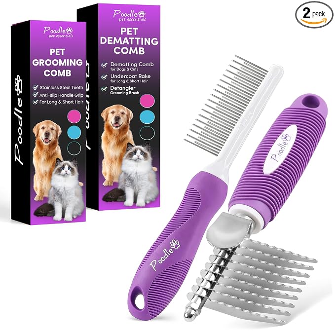 Poodle Pet Bundle - Dematting Fur Rake Comb Brush Tool with Steel Safety Blades and Detangling Pet Comb with Long and Short Stainless Steel Teeth for Detangling Matted or Knotted Undercoat Hair