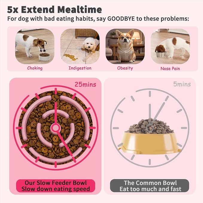 Elevated Slow Feeder Dog Bowl Large Breed, 8.8 Inch Ceramic Slow Eating Bowl with Bamboo Stand, Anti-Choking Raised Maze Design for Medium to Large Dogs, 3.2 Cup, Pink