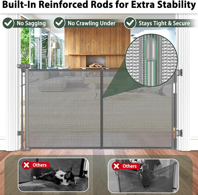 KISKIZ 59 Inch Wide Retractable Gate, Reinforced Retractable Dog Gate with Support Rods to Prevent Crawling Through, 5 FT Retractable Baby Gate for Stairs, Doorways, Hallways, Indoor/Outdoor, Gray