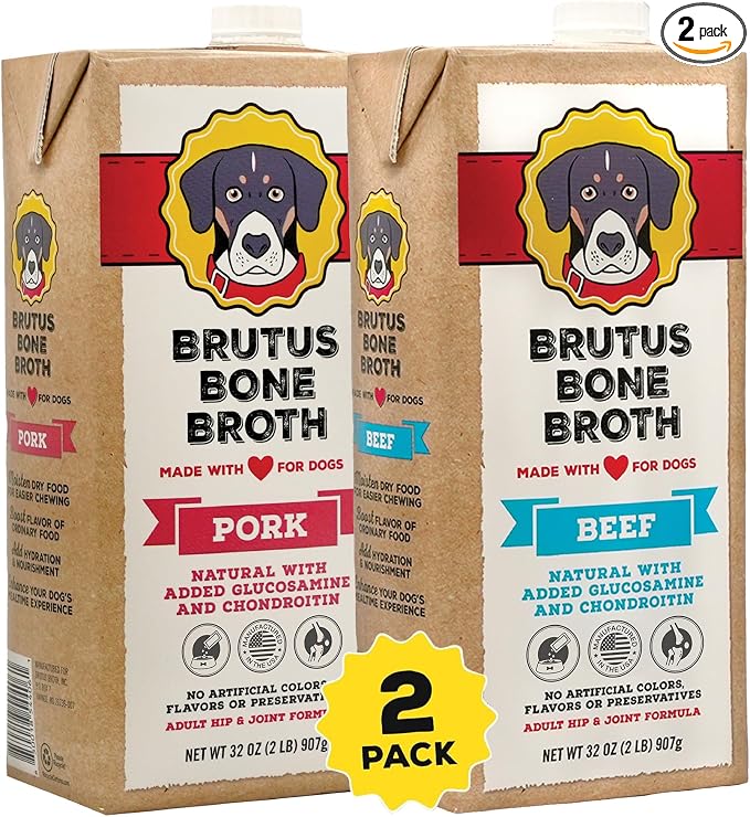 Brutus Bone Broth Liquid for Dogs | All Natural | Made in USA | Glucosamine & Chondroitin for Healthy Joints | Human Grade Ingredients | Hydrating Dog Food Topper, Gravy & Treat (Beef & Pork)