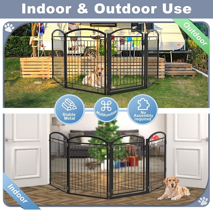 Full Metal Free Standing Dog Gate with Door for Outdoor Indoor,96'' Extra Wide 32'' Tall Dog Gate for The Doorways,Large Openings,Decks,Porch,Pet Freestanding Safety Fence(4 Panels,Black)
