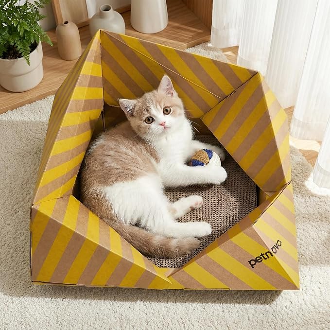 PETNOVO Foldable Cardboard Cat House Bed for Indoor Cats, Collapsible Cat Hideaway with Corrugated Scratcher Insert, Low Entry, Paper Build, 18.5 x 18.5 x 11.8 in, Yellow