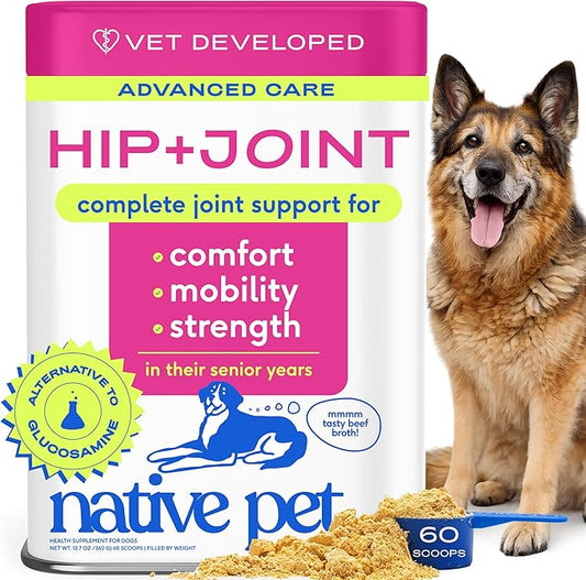 Native Pet Hip and Joint Supplement Dogs - Powder with UC-II Collagen and HMB - Senior and Large Breed Dog Joint Support - Made in USA - 60 Scoops