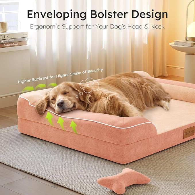 CWAWZ Extra Large Dog Bed, Orthopedic Dog Bed with Cooling Gel Memory Foam, Waterproof XL Pet Bed with Removable Washable Cover, 42" Pet Sofa Couch Dutch Velvet with Bone Toy, Peach Pink