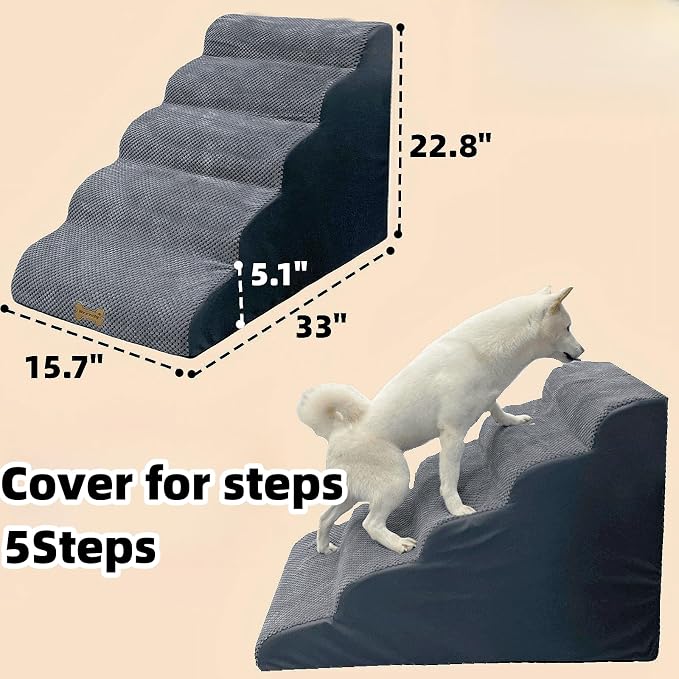 Pet Steps Cover for Small Dogs and Cats, Portable Foam Dog Ramp Stairs for Couch, Sofa, and High Bed Climbing - Grey 5-Step 33.1" L x 15.8" W x 22.9" H (Cover Only)