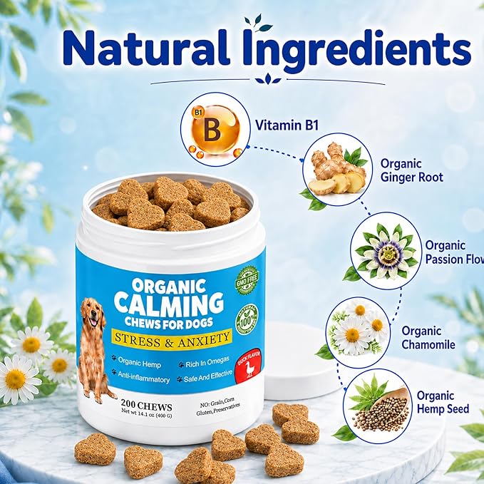 Calming Chews for Dogs, Dog Calming Treats with Melatonin, Stress & Anxiety Relief, Relaxation Aid for Travel, Vet Visits, Fireworks, Storms & Separation, Duck Flavor, 200 Soft Chews