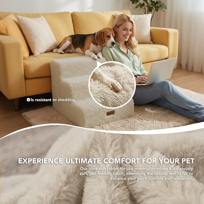 PETNOVO Ultra-Soft Faux Fur Dog Stairs for Couch and Sofa, 2-Step Dog Steps for Small Dogs, Non-Slip Foam Pet Stairs, Washable Cover, 15.7" D x 15.7" W x 11.8" H, Off-White