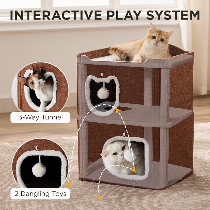 Joydeco Cat House for Indoor Cats, 2 Story Scratch Resistant Felt Cat Condo, Hideaway Pet Cave Bed with Fluffy Ball and Tunnel for Kitten, Small Dogs, Rabbits, 17.7 x 13.3 x 24, Coffee
