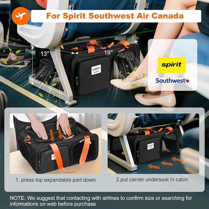pidipiti 19x13x9 TSA Approved top Expandable pet Carrier for Small Dog Puppy cat up to 10 lbs Weight and 18'' Length, for Southwest Spirit Lufthansa Airlines,Air Canada and Amtrak Train