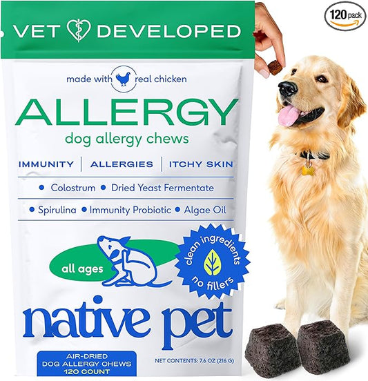 Native Pet Dog Allergy Chews - Dog Allergy Relief with Probiotics and Colostrum for Itchy Skin Relief to Support Seasonal Allergy and Healthy Immune System - All Natural Anti-Histamine - 120 Chews