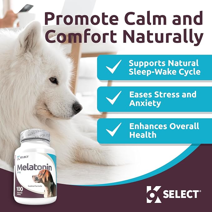 K9 Select Melatonin for Dogs - Calming Treats, Sleep Aid - High Antioxidant Helps with Immune System Booster - Wellness - 3 mg, 100 Vegetarian Capsules