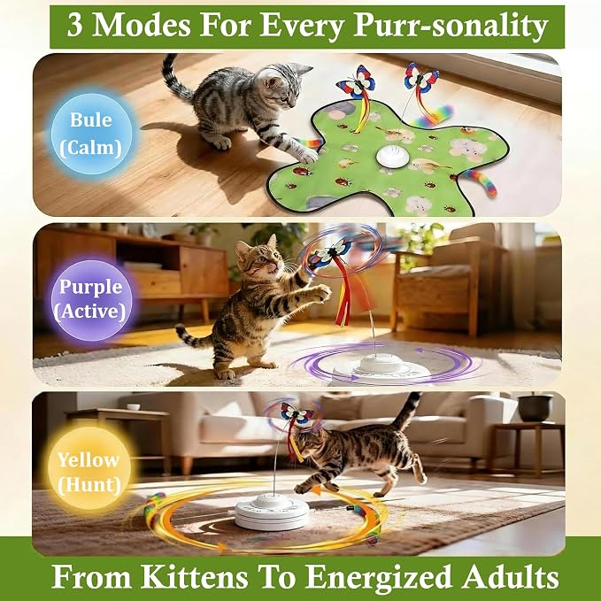 Interactive Cat Toys for Indoor Cats, 3-in-1 Interactive with Fluttering Butterfly Moving Concealed Feathers 3 Prey Sounds, Rechargeable Touch Activated for Bored Indoor Adult Cats Kittens