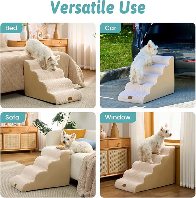 COZY KISS Wide Dog Stairs for Small Dog 19.7" H, Pet Step for Puppy, Older Cat, Curved Ramp for High Bed or Car, Stairs with High Density Foam, Lightweight, Durable, 4 Step, 17.7x28x19.7 inch, Beige