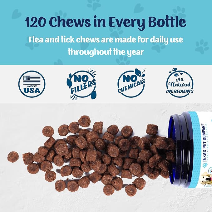 Texas Pet Company Flea and Tick Prevention for Dogs Chewables - Natural Dog Fleas & Ticks Treatment Chewable Supplement - Oral Pills - All Breeds & Ages - USA Made 120 Soft Chews Flea Defender